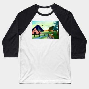 Colorful panoramic eco landscape with small house placed in secluded valley land with mountains and blue sky Baseball T-Shirt